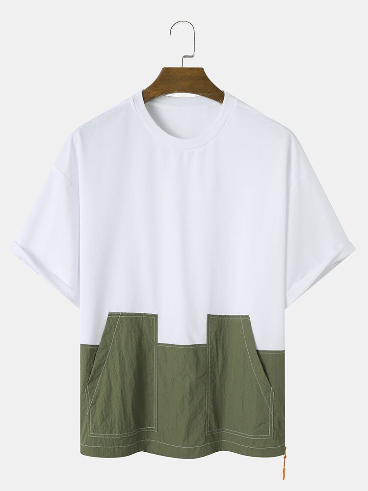 Mænd Hit Pocket Colorblock Side Zip Split Bløde Åndbare T-shirts