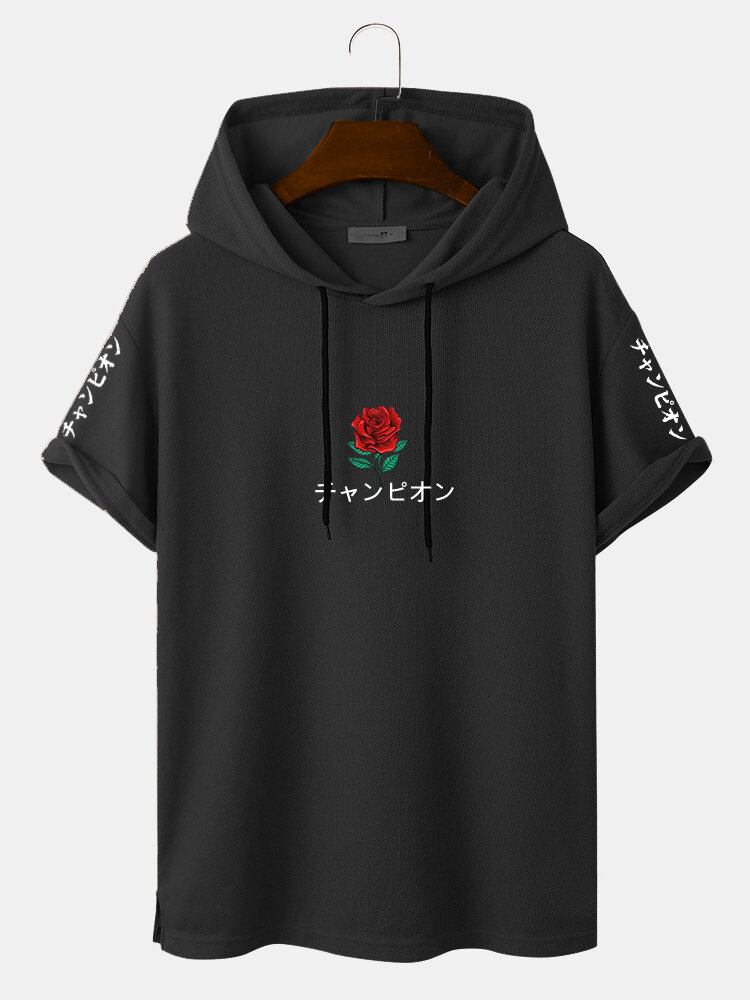 Mænd Japansk Rose Print Hem Manchet Kortærmet T-shirts Med Hætte