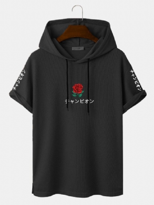 Mænd Japansk Rose Print Hem Manchet Kortærmet T-shirts Med Hætte