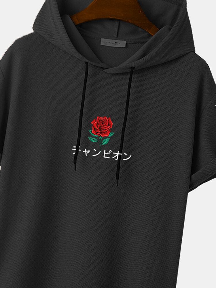 Mænd Japansk Rose Print Hem Manchet Kortærmet T-shirts Med Hætte