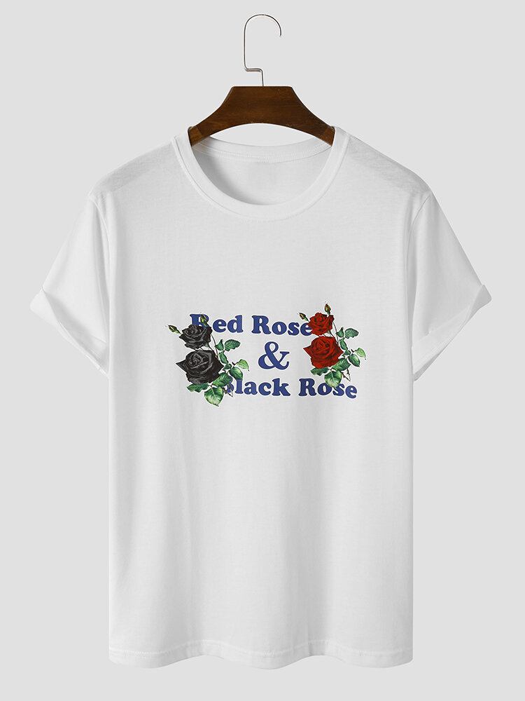 Mænd Letter Rose Print Graceful Alle Matchende Hudvenlige T-shirts Med Rund Hals