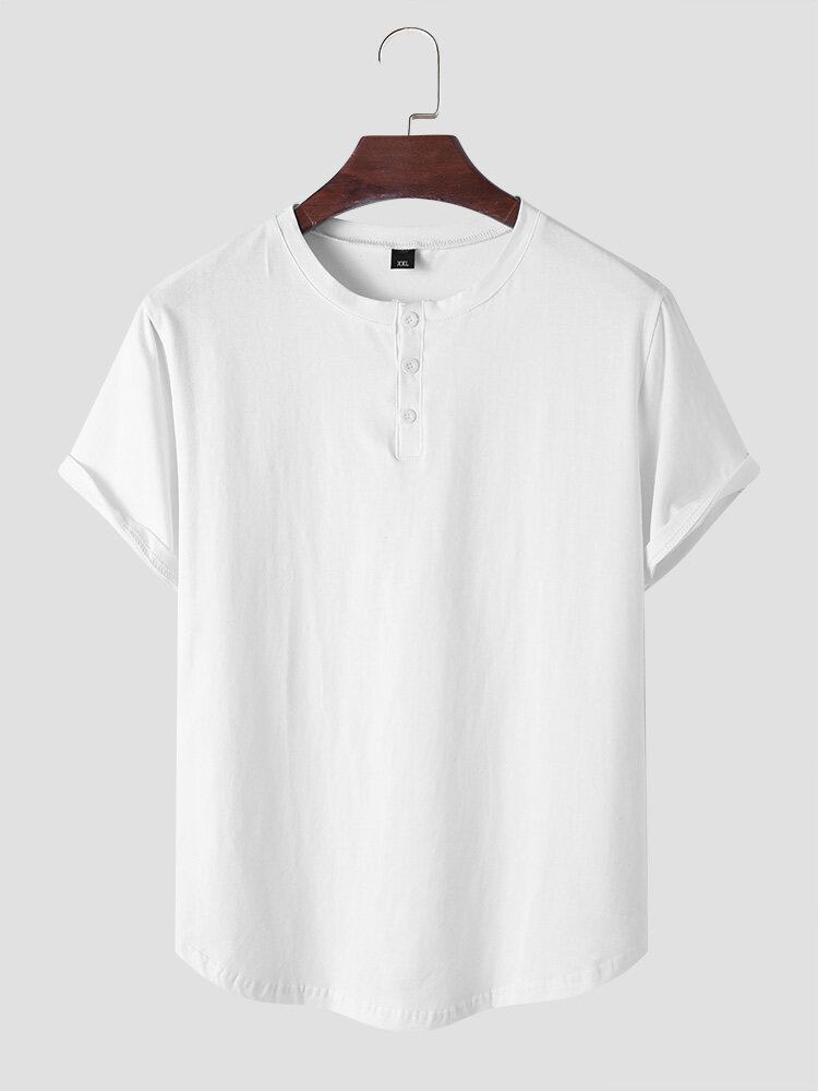 Mænd Massive Halve Knapper O-hals Blød Åndbar Kortærmet Short Casual T-shirt