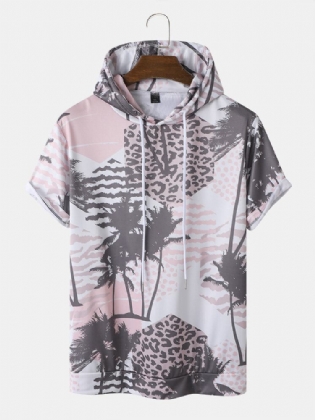 Mænd Palm Tree Leopard Hættesnøre Kortærmede Casual T-shirts