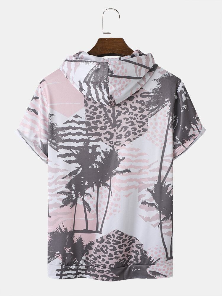 Mænd Palm Tree Leopard Hættesnøre Kortærmede Casual T-shirts