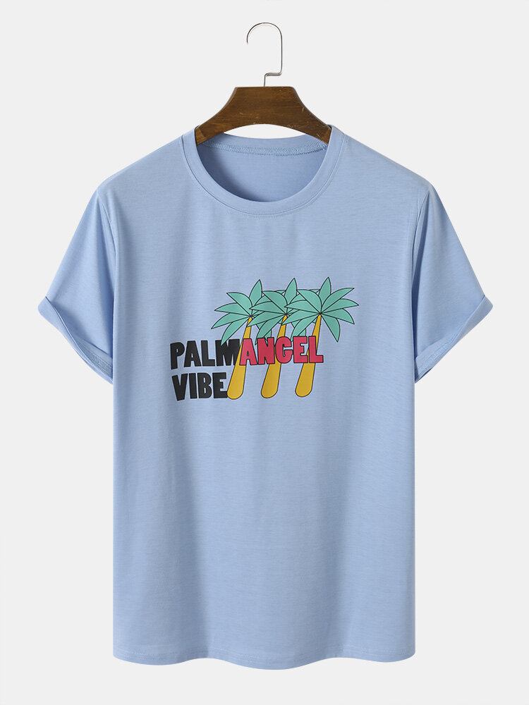 Mænd Palm Tree Letter Print Casual Alle Matchede Hudvenlige T-shirts Med Rund Hals