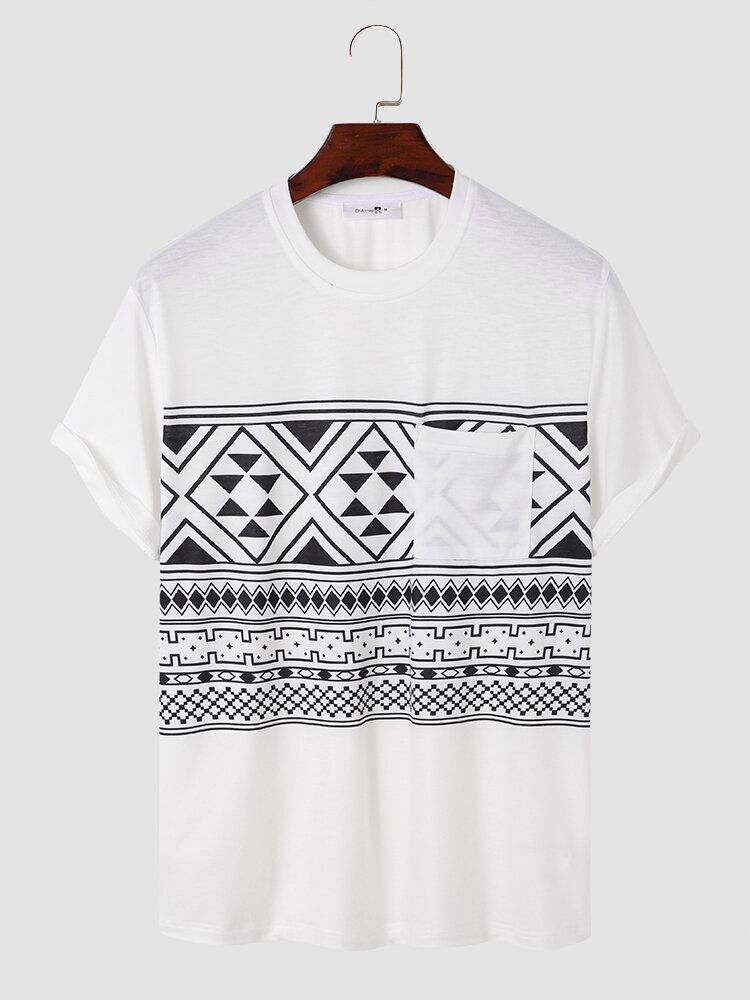 Mænd Tribal Print Brystlomme Rund Hals Bløde Korte Ærmer Afslappede T-shirts