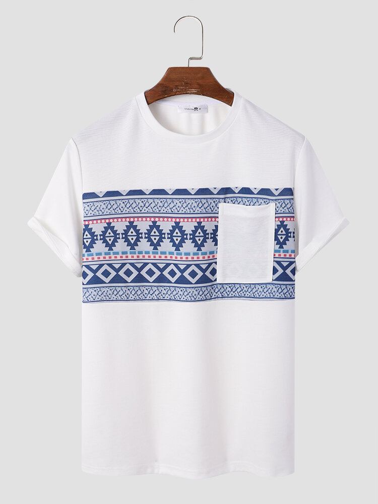 Mænd Tribal Print Brystlomme Rund Hals Bløde Korte Ærmer Afslappede T-shirts