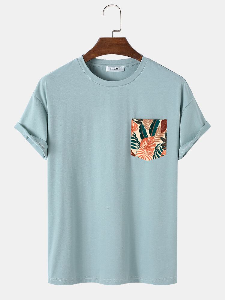 Mænd Tropical Leaf Brystlommeprint Casual Kortærmede T-shirts