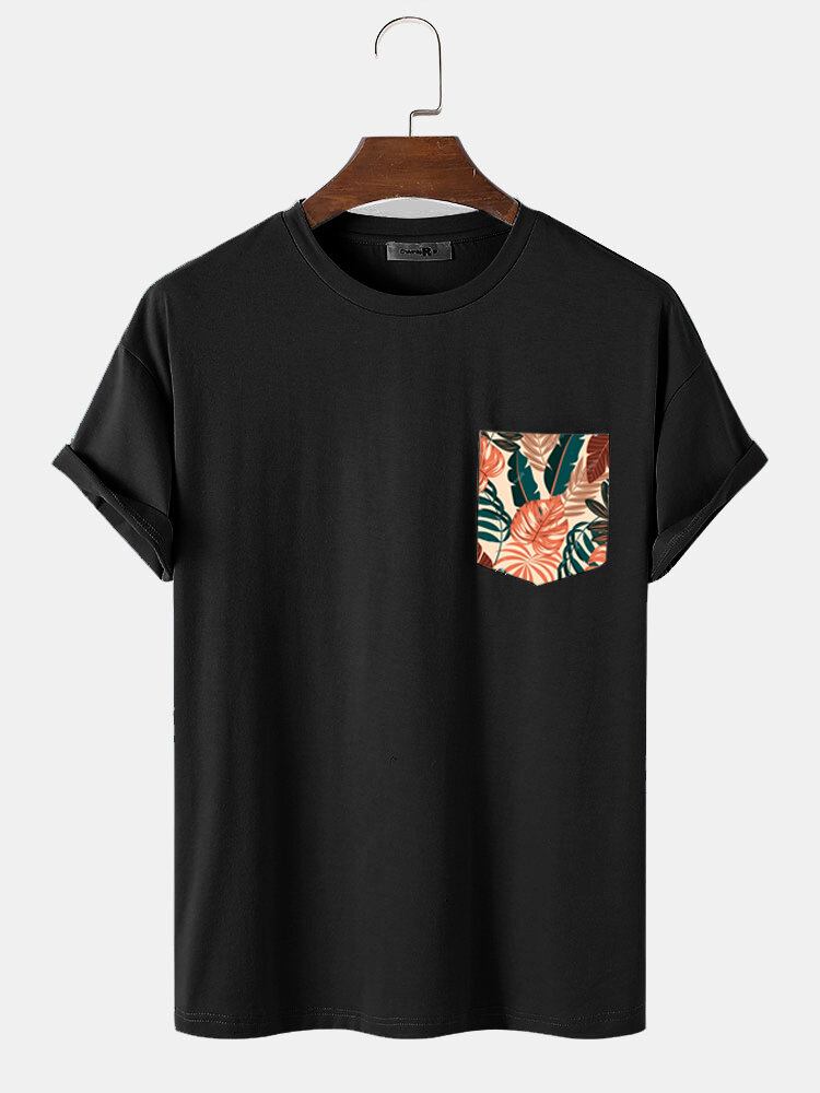 Mænd Tropical Leaf Brystlommeprint Casual Kortærmede T-shirts