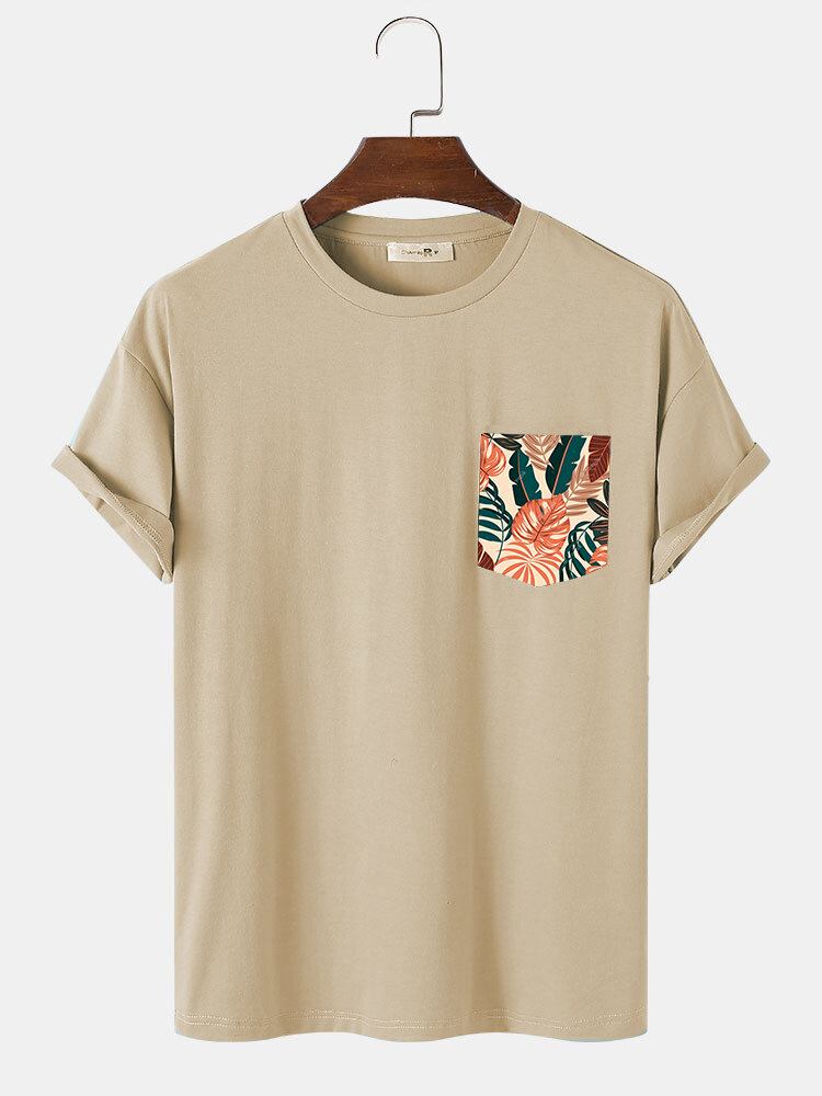 Mænd Tropical Leaf Brystlommeprint Casual Kortærmede T-shirts