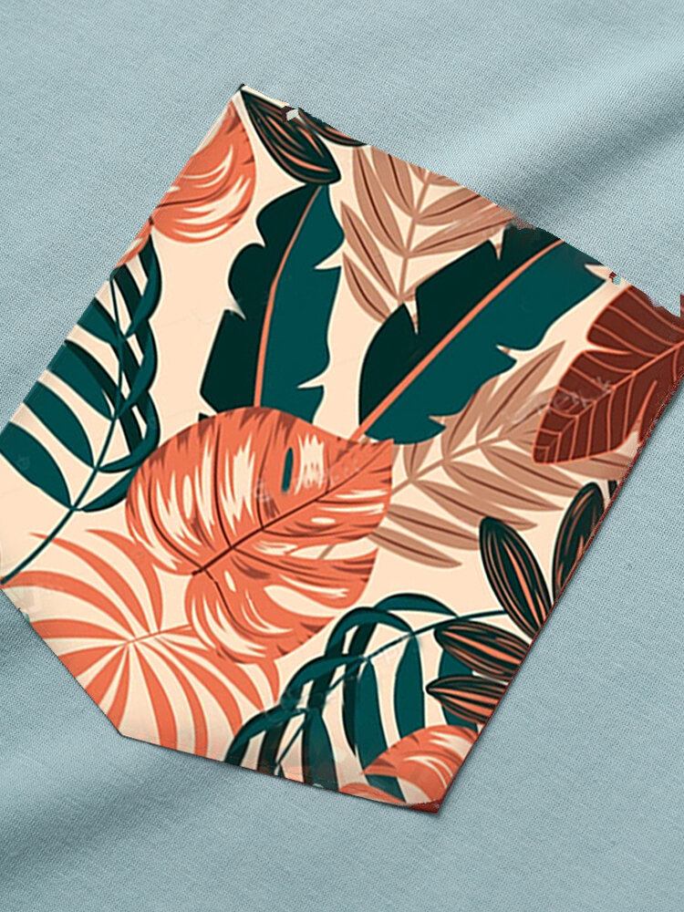 Mænd Tropical Leaf Brystlommeprint Casual Kortærmede T-shirts