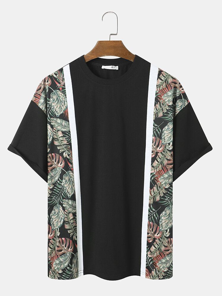 Mænd Tropical Leaf Print Patchwork Rundhals Bløde Kortærmede Casual T-shirts