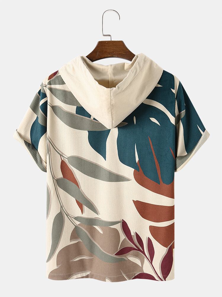 Mænd Tropical Plant Print Corduroy Casual Kortærmede T-shirts Med Hætte