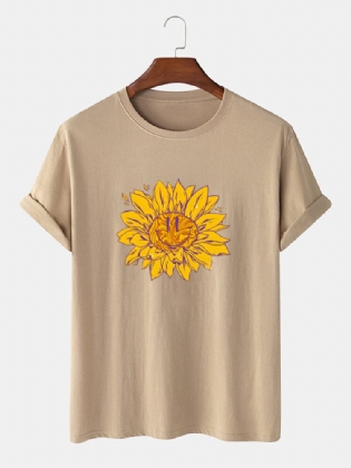 Mænds 100% Bomuld Blomsterprint Rundhalset Afslappet Kortærmede T-shirts