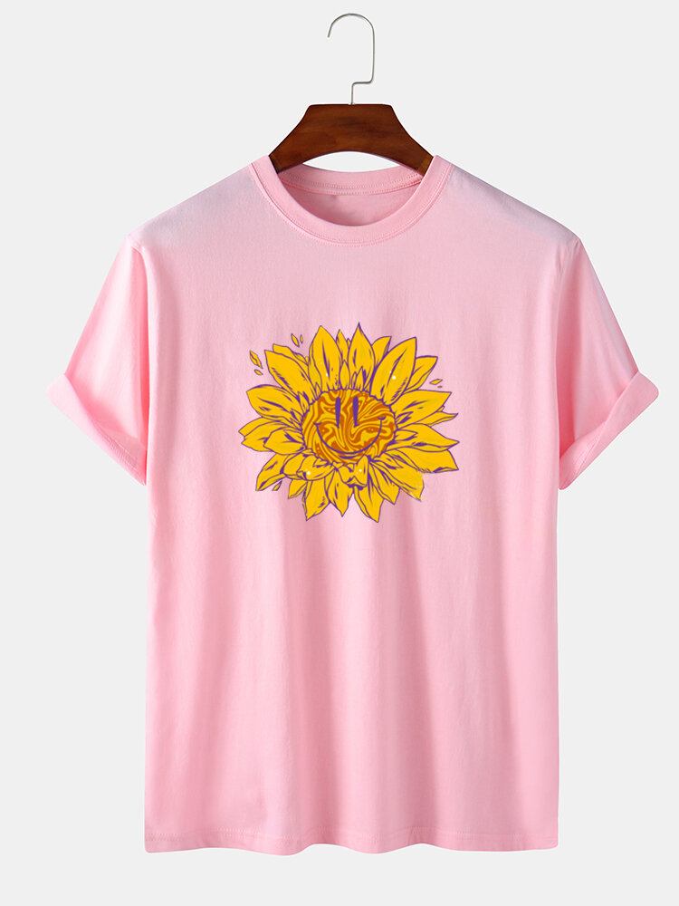 Mænds 100% Bomuld Blomsterprint Rundhalset Afslappet Kortærmede T-shirts