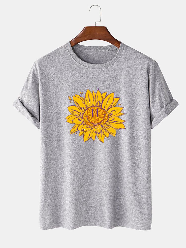 Mænds 100% Bomuld Blomsterprint Rundhalset Afslappet Kortærmede T-shirts