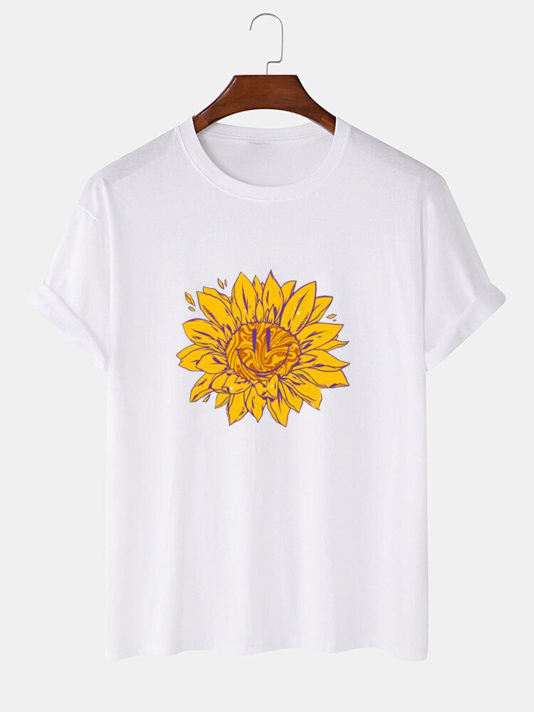 Mænds 100% Bomuld Blomsterprint Rundhalset Afslappet Kortærmede T-shirts