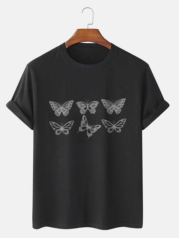 Mænds 100% Bomuld Butterfly Grafik Kortærmede T-shirts Med Rund Hals