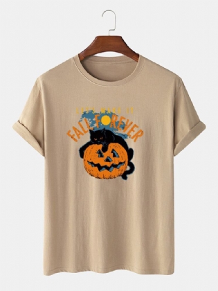 Mænds 100% Bomuld Halloween Kattetryk Casual Kortærmede T-shirts