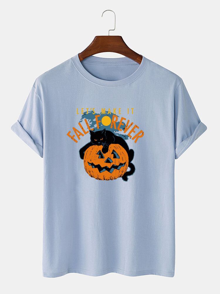 Mænds 100% Bomuld Halloween Kattetryk Casual Kortærmede T-shirts