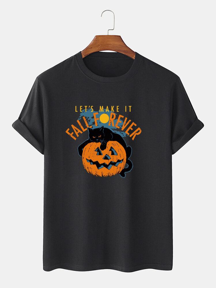 Mænds 100% Bomuld Halloween Kattetryk Casual Kortærmede T-shirts