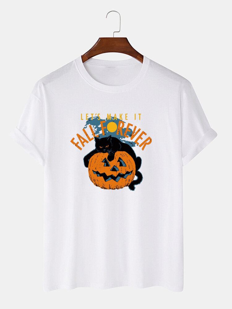 Mænds 100% Bomuld Halloween Kattetryk Casual Kortærmede T-shirts