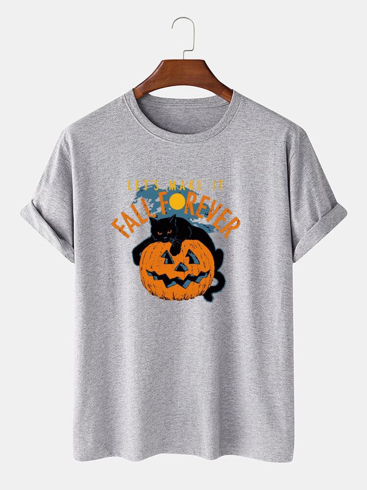 Mænds 100% Bomuld Halloween Kattetryk Casual Kortærmede T-shirts