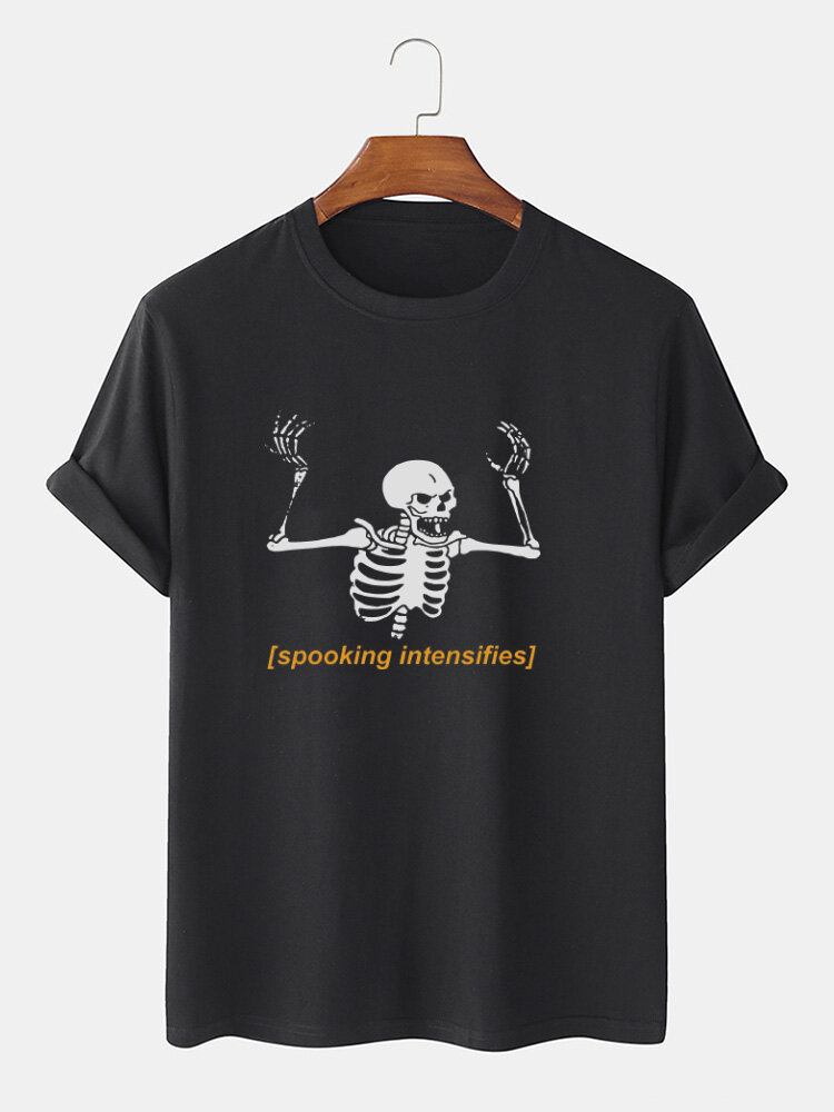 Mænds 100% Bomuld Halloween Skelet Letter Print Kortærmede T-shirts