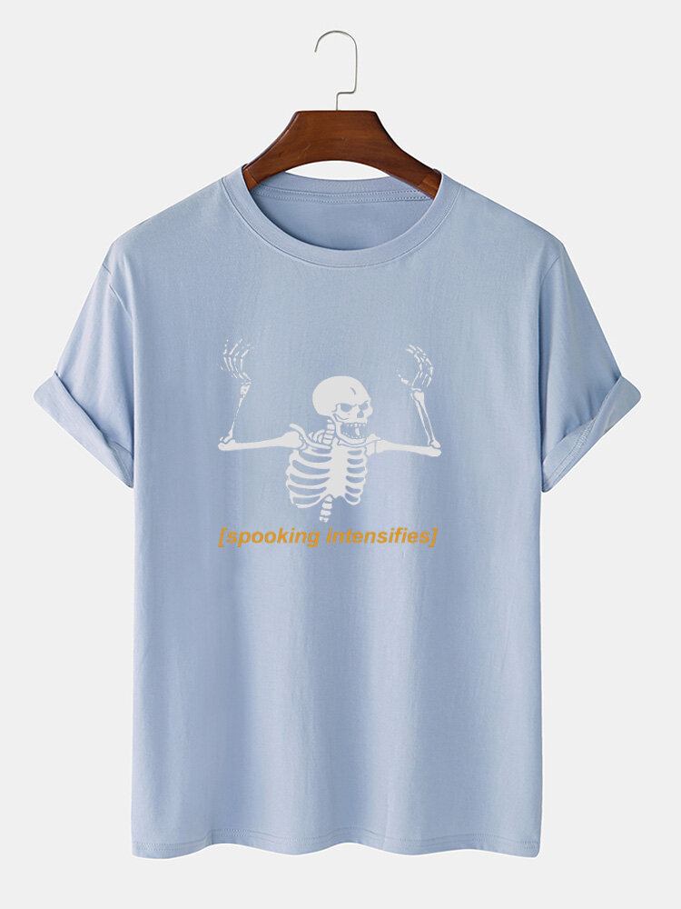 Mænds 100% Bomuld Halloween Skelet Letter Print Kortærmede T-shirts