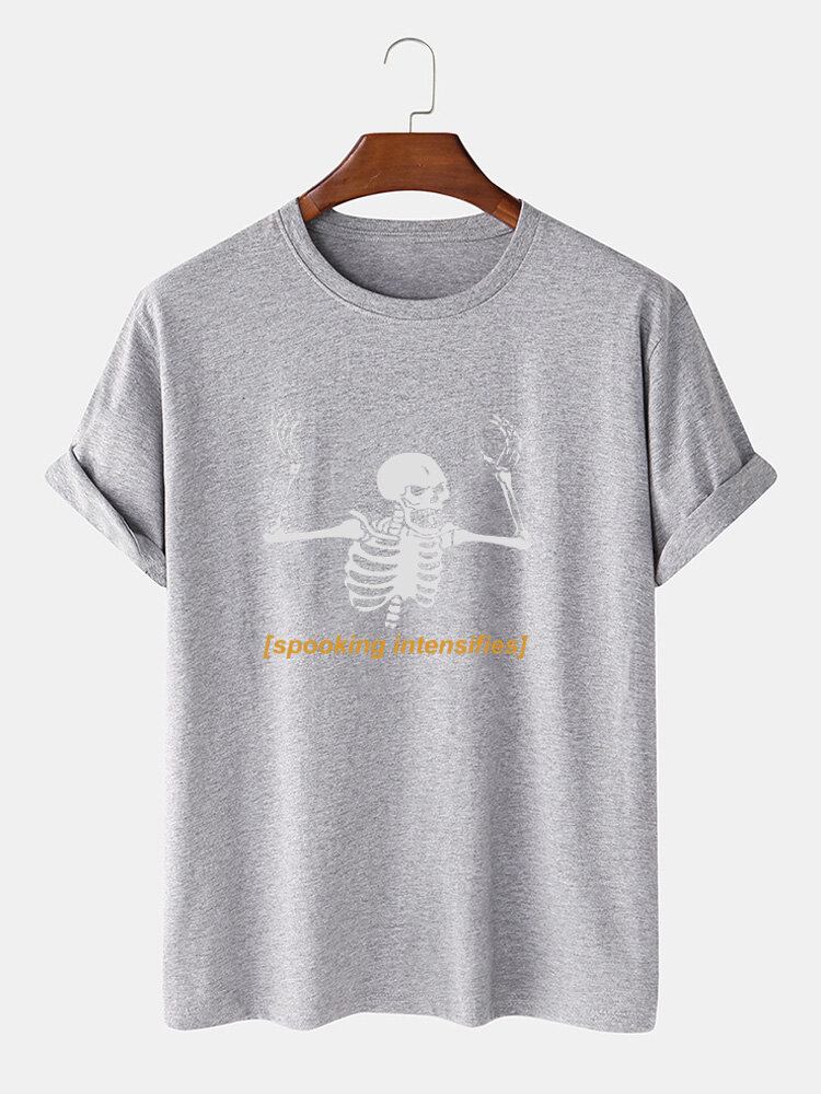 Mænds 100% Bomuld Halloween Skelet Letter Print Kortærmede T-shirts