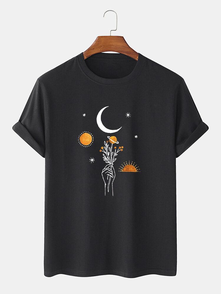 Mænds 100% Bomuld Moon Flowers Print Solid Åndbar Løs T-shirt