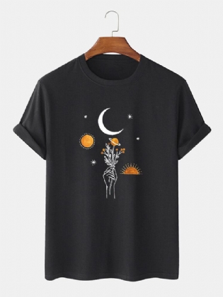 Mænds 100% Bomuld Moon Flowers Print Solid Åndbar Løs T-shirt