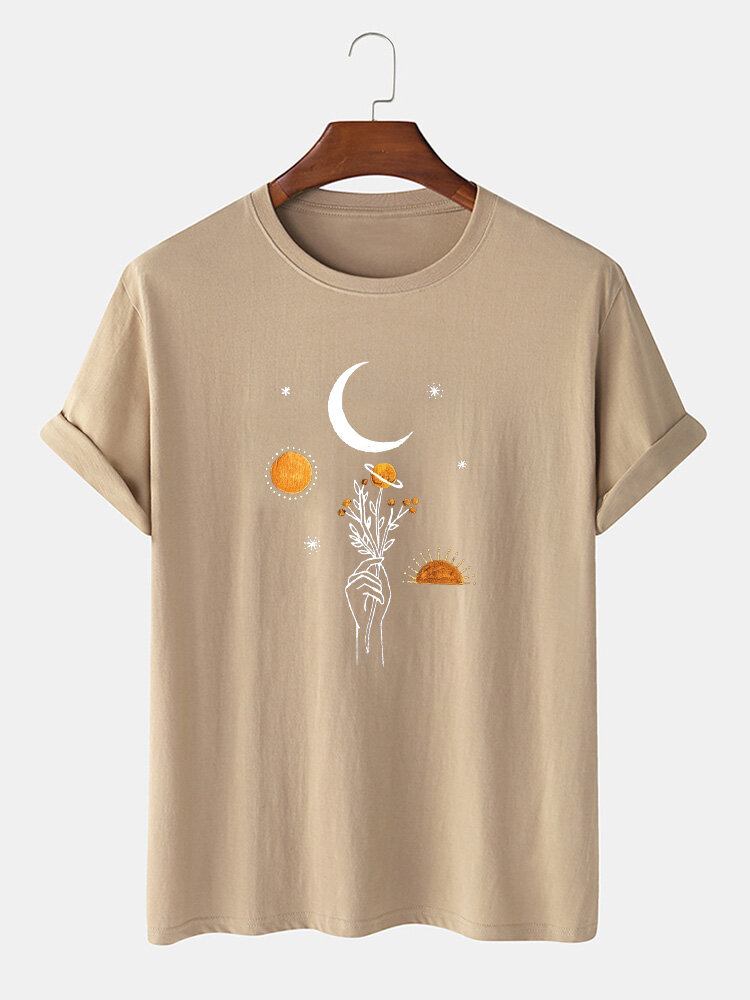 Mænds 100% Bomuld Moon Flowers Print Solid Åndbar Løs T-shirt