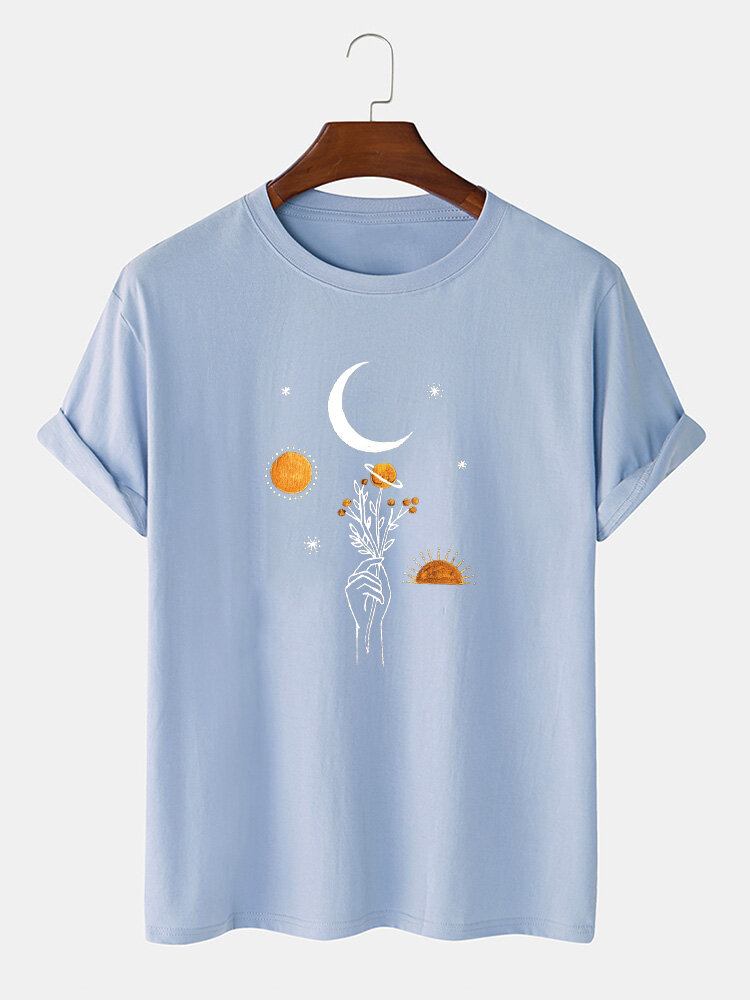 Mænds 100% Bomuld Moon Flowers Print Solid Åndbar Løs T-shirt