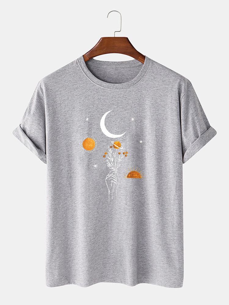 Mænds 100% Bomuld Moon Flowers Print Solid Åndbar Løs T-shirt