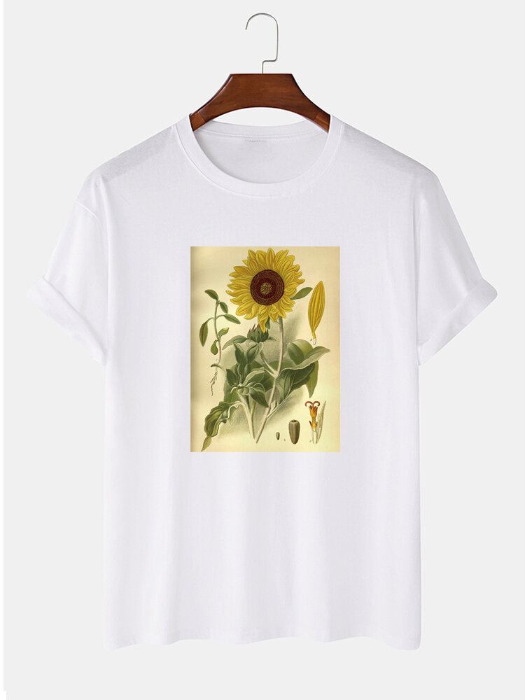 Mænds 100% Bomuld Plante Blomsterprint Kortærmede T-shirts