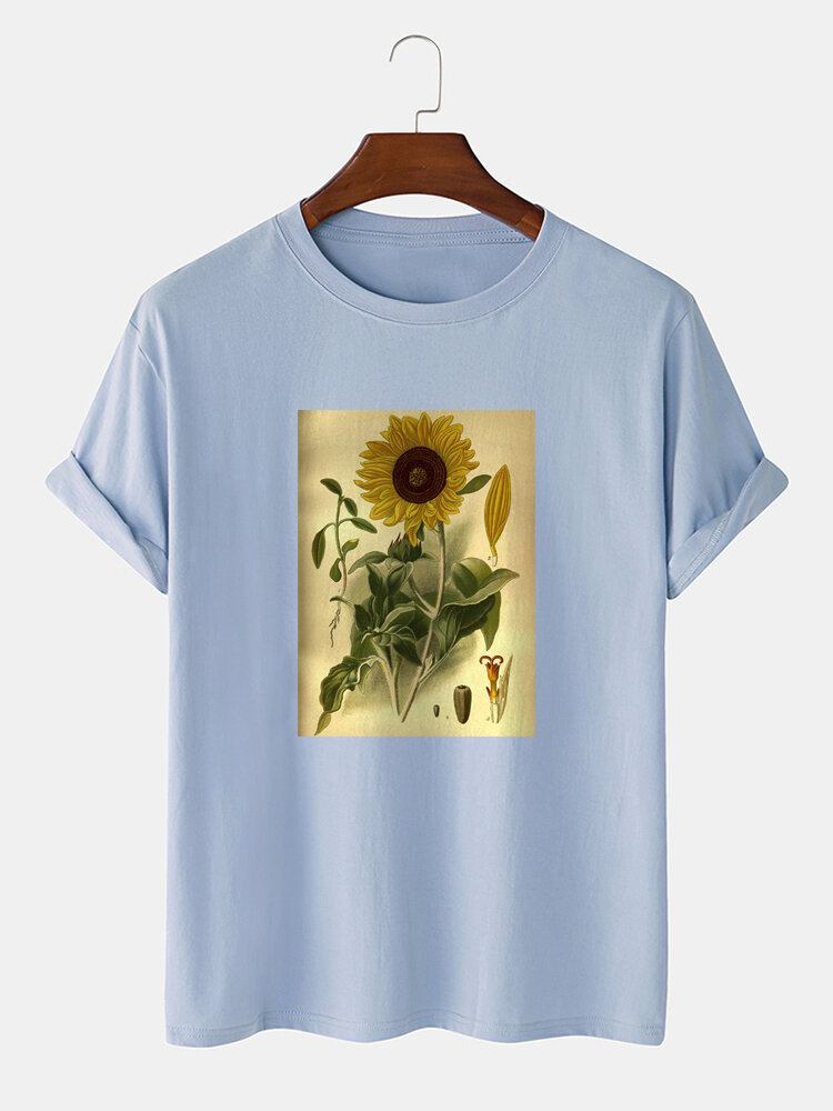 Mænds 100% Bomuld Plante Blomsterprint Kortærmede T-shirts