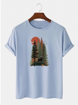 Mænds 100% Bomuld Skovhjort Maleri Print Kortærmet Afslappet T-shirt