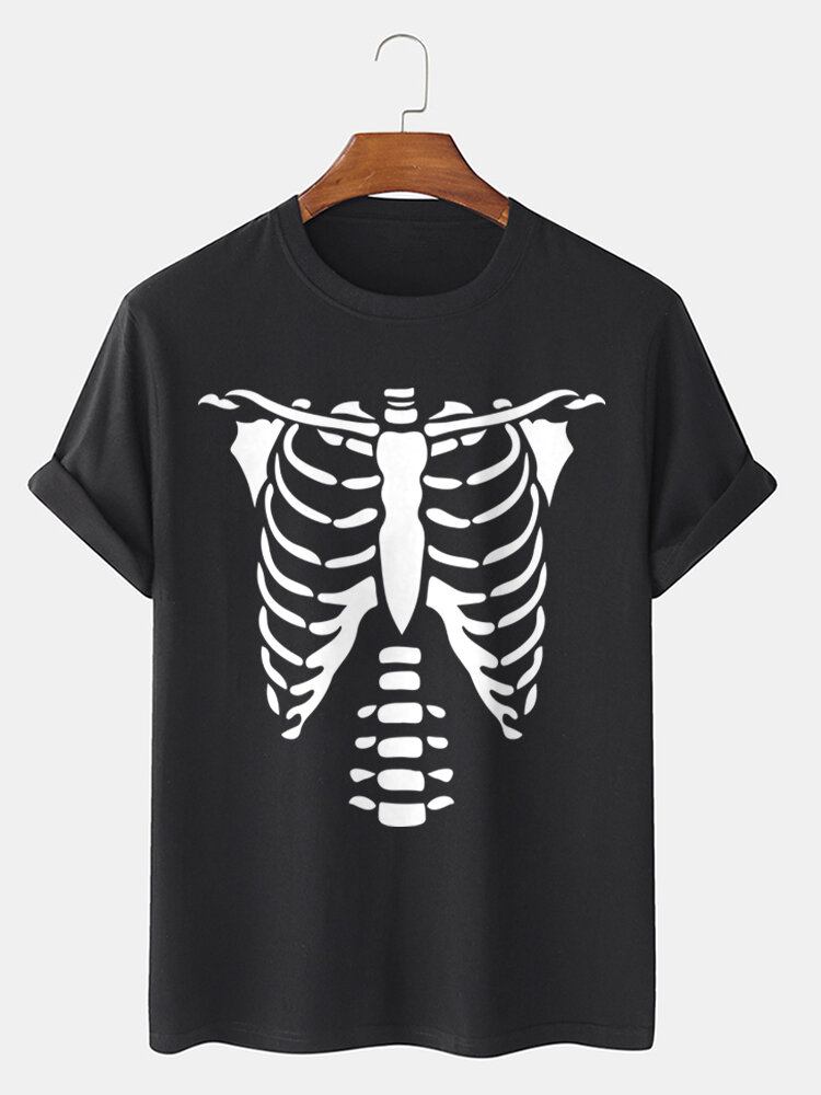 Mænds 100% Bomuld T-shirt Med Tryk Til Halloween Skelet Bones