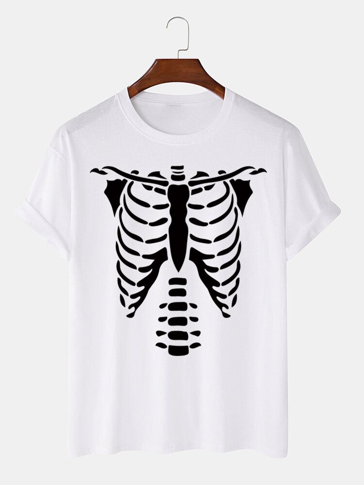 Mænds 100% Bomuld T-shirt Med Tryk Til Halloween Skelet Bones