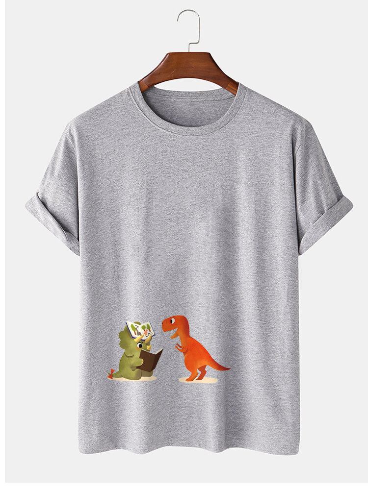 Mænds 100% Bomuld Tegneserie-dinosaurtryk Kortærmede Afslappede T-shirts