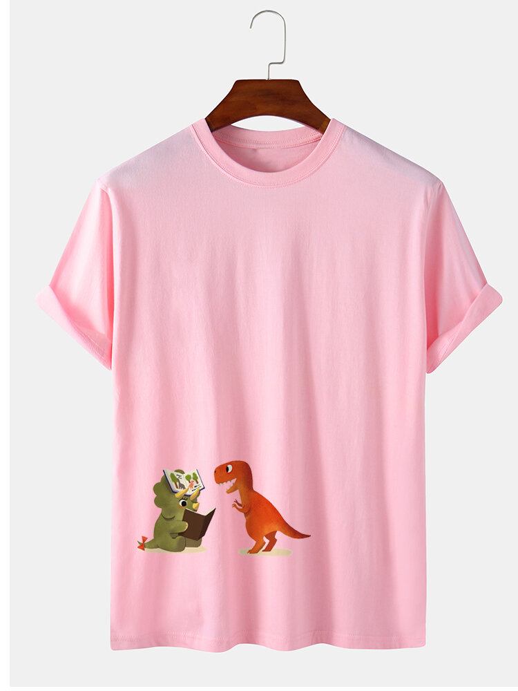 Mænds 100% Bomuld Tegneserie-dinosaurtryk Kortærmede Afslappede T-shirts