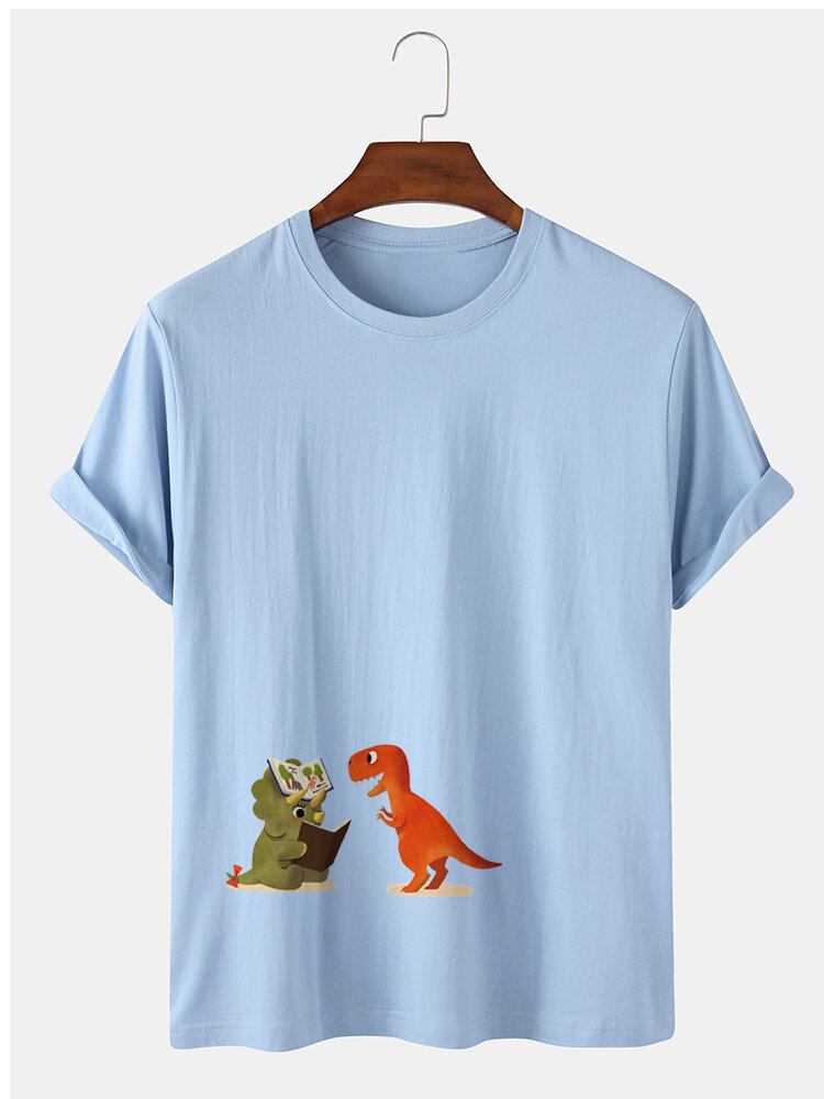 Mænds 100% Bomuld Tegneserie-dinosaurtryk Kortærmede Afslappede T-shirts