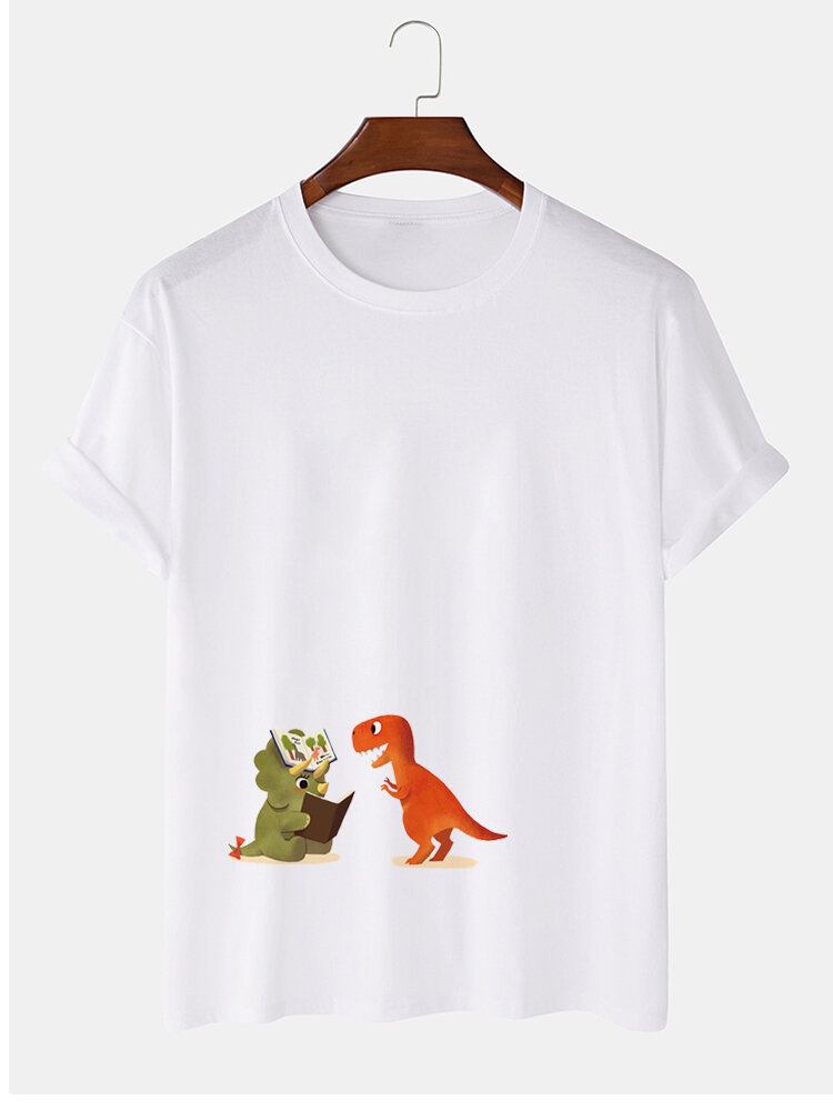 Mænds 100% Bomuld Tegneserie-dinosaurtryk Kortærmede Afslappede T-shirts