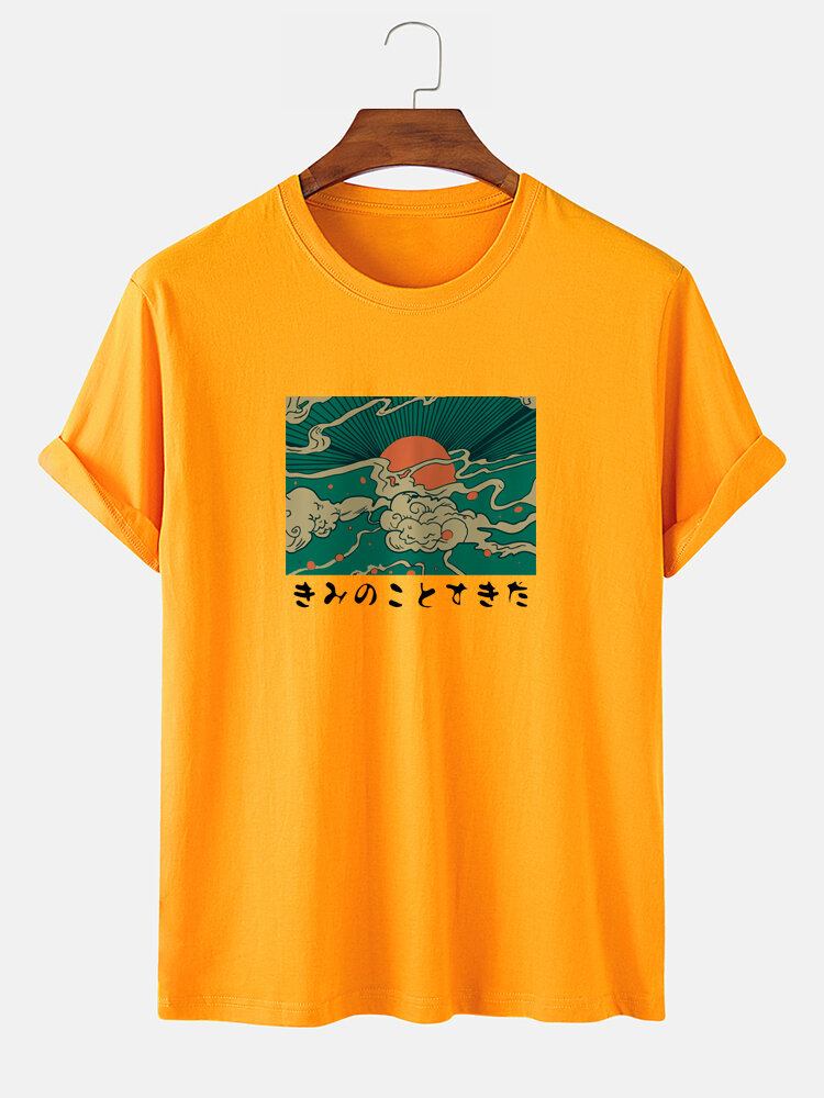 Mænds 100% Bomuld Ukiyoe Print Med Rund Hals Kortærmede T-shirts