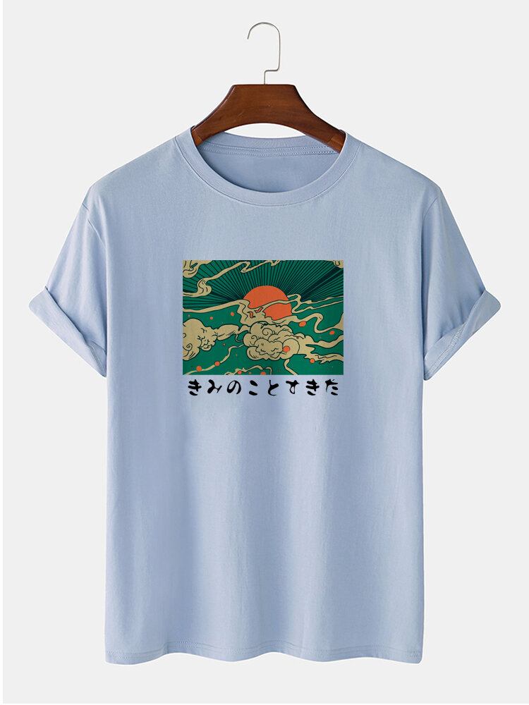 Mænds 100% Bomuld Ukiyoe Print Med Rund Hals Kortærmede T-shirts