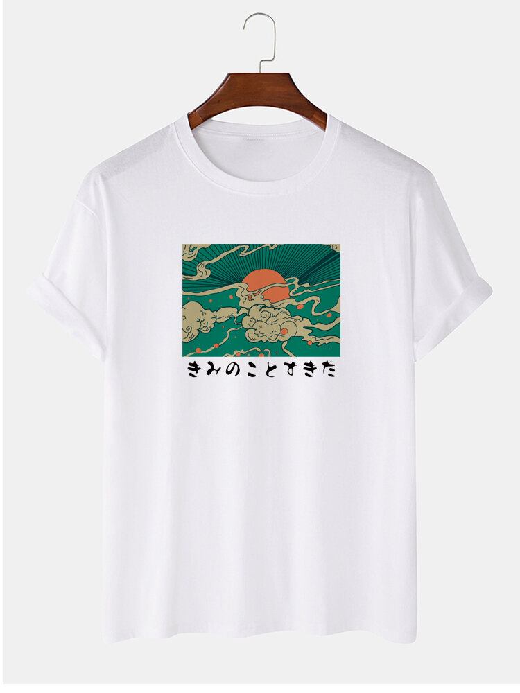 Mænds 100% Bomuld Ukiyoe Print Med Rund Hals Kortærmede T-shirts