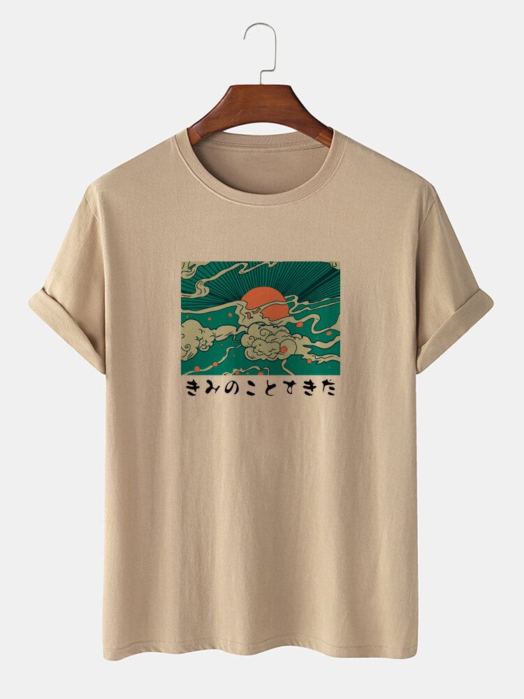 Mænds 100% Bomuld Ukiyoe Print Med Rund Hals Kortærmede T-shirts