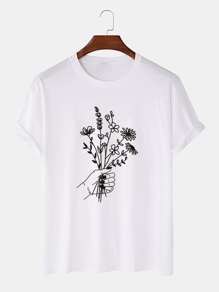 Mænds Afslappede Bomuldsblomsterprint Kortærmede T-shirts