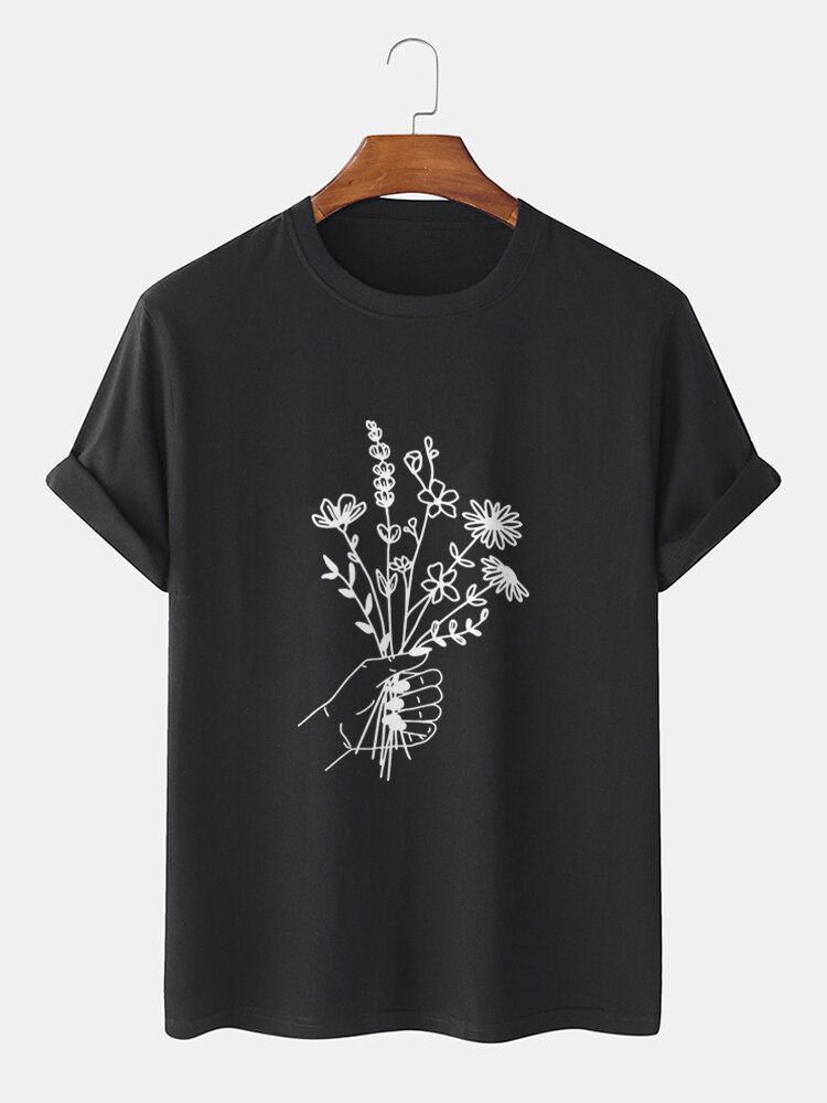 Mænds Afslappede Bomuldsblomsterprint Kortærmede T-shirts